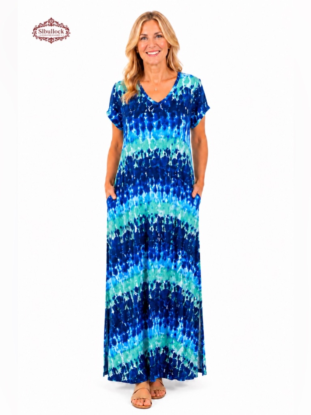 Belle by Kim Gravel Blue Teal Tie-Dye Maxi Dress